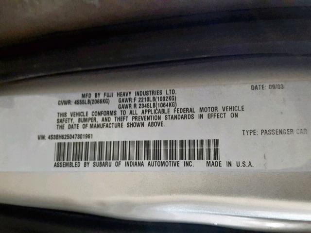 4S3BH625047301961 - 2004 SUBARU LEGACY L S SILVER photo 10