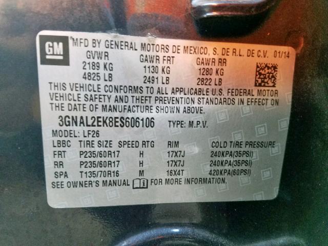 3GNAL2EK8ES606106 - 2014 CHEVROLET CAPTIVA LS შავი ფოტო 10