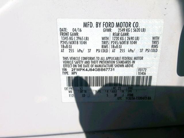 2FMPK4J84GBB67731 - 2016 FORD EDGE SEL WHITE photo 10