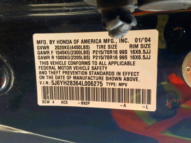 5J6YH28364L006275 - 2004 HONDA ELEMENT LX BLACK photo 10