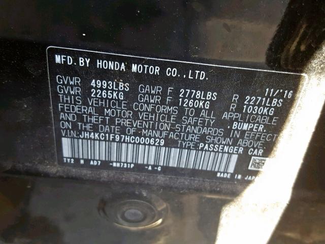 JH4KC1F97HC000629 - 2017 ACURA RLX ADVANC BLACK photo 10