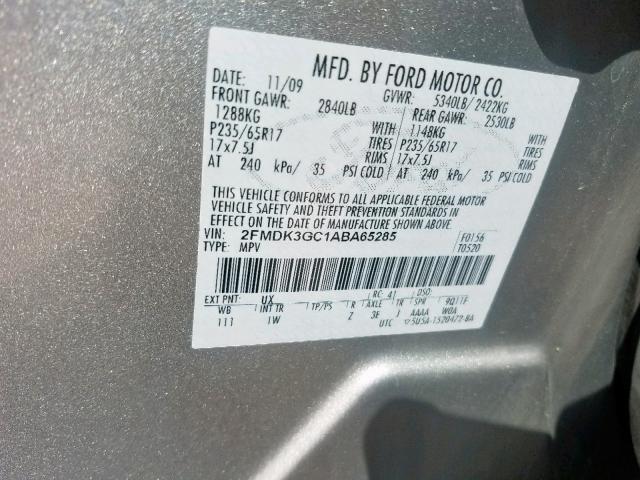 2FMDK3GC1ABA65285 - 2010 FORD EDGE SE GRAY photo 10