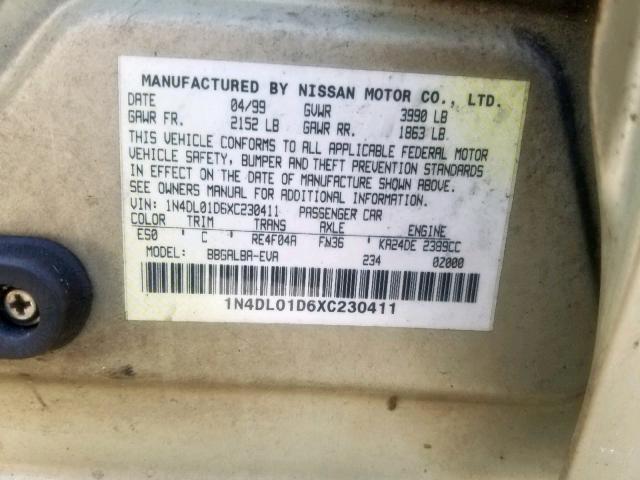 1N4DL01D6XC230411 - 1999 NISSAN ALTIMA XE GOLD photo 10