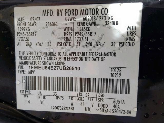 1FMEU64E27UB26510 - 2007 FORD EXPLORER E BLACK photo 10