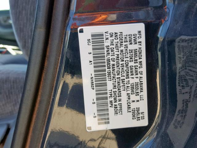 5FNRL18583B136077 - 2003 HONDA ODYSSEY LX CHARCOAL photo 10