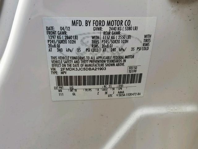 2FMDK3JC5DBA21903 - 2013 FORD EDGE SEL WHITE photo 10