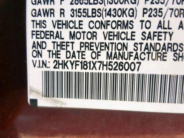 2HKYF181X7H526007 - 2007 HONDA PILOT LX RED photo 10