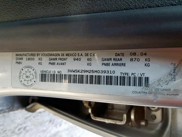 3VWSK29M25M039310 - 2005 VOLKSWAGEN JETTA GLS SILVER photo 10