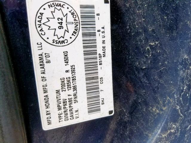 5FNRL38617B513925 - 2007 HONDA ODYSSEY EX BLUE photo 10