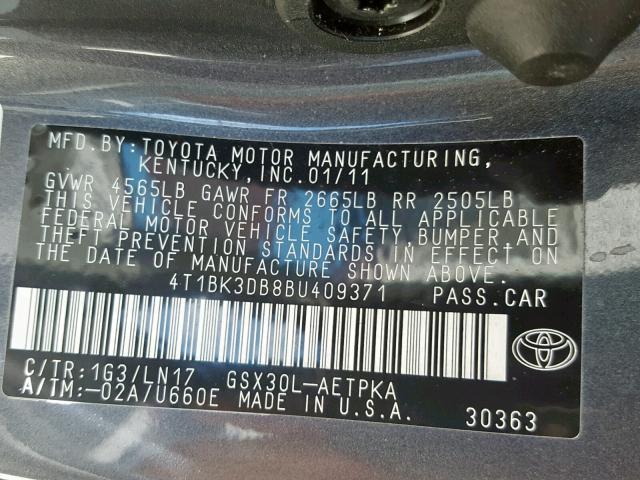 4T1BK3DB8BU409371 - 2011 TOYOTA AVALON BAS GRAY photo 10