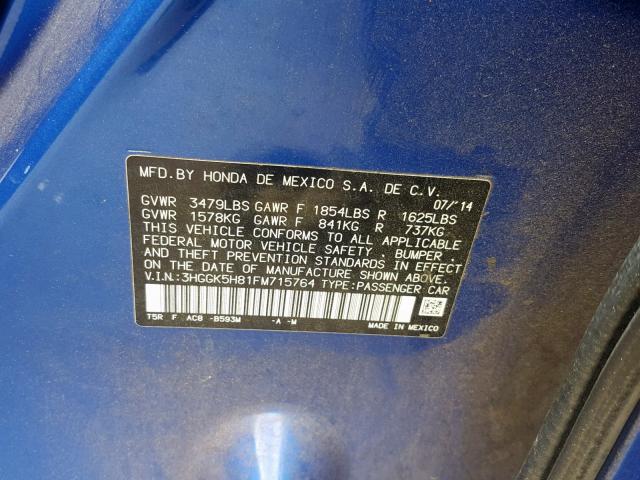 3HGGK5H81FM715764 - 2015 HONDA FIT EX BLUE photo 10