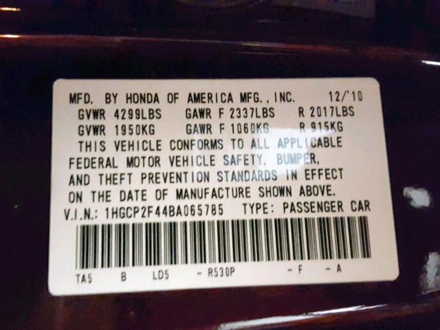 1HGCP2F44BA065785 - 2011 HONDA ACCORD LXP MAROON photo 10