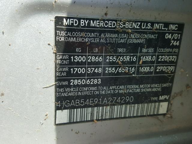 4JGAB54E91A274290 - 2001 MERCEDES-BENZ ML 320 SILVER photo 10