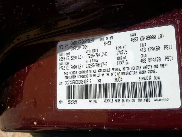 3D7KU28CX3G843216 - 2003 DODGE RAM 2500 S Tünd qırmızı foto 10