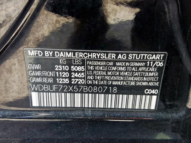 WDBUF72X57B080718 - 2007 MERCEDES-BENZ E 550 BLACK photo 10