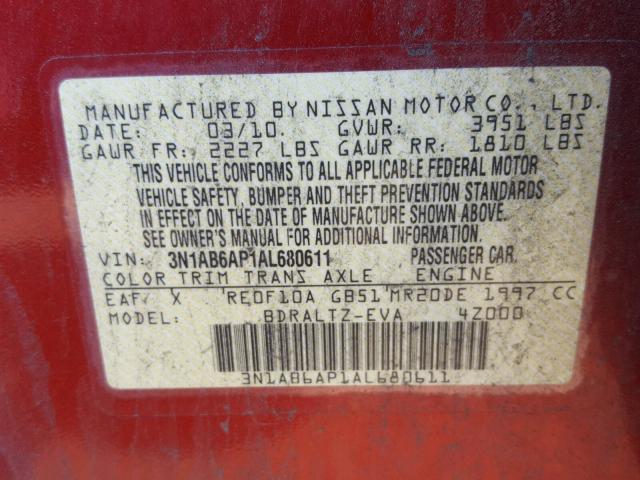 3N1AB6AP1AL680611 - 2010 NISSAN SENTRA 2.0 RED photo 10