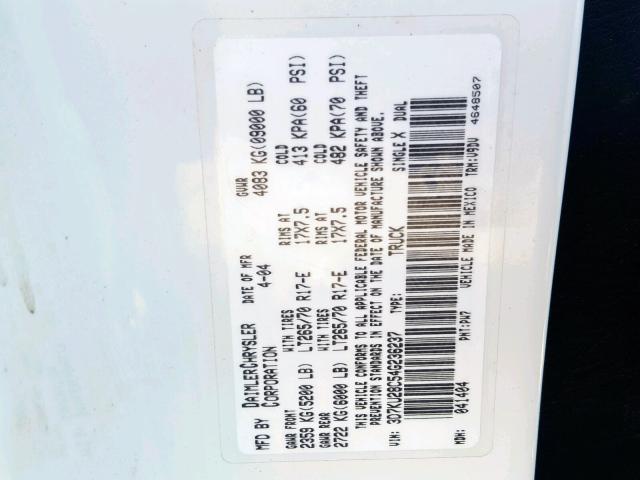 3D7KU28C54G236237 - 2004 DODGE RAM 2500 S თეთრი ფოტო 10