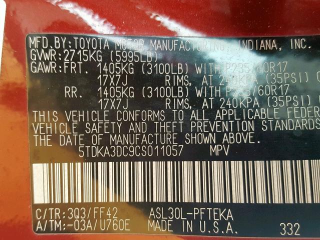 5TDKA3DC9CS011057 - 2012 TOYOTA SIENNA BAS RED photo 10