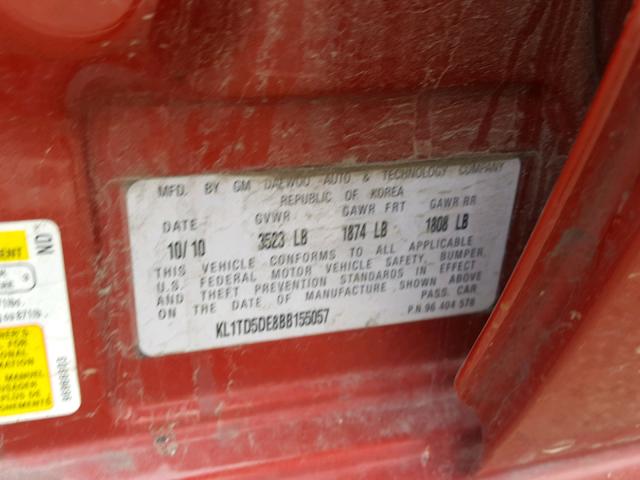 KL1TD5DE8BB155057 - 2011 CHEVROLET AVEO LS MAROON photo 10