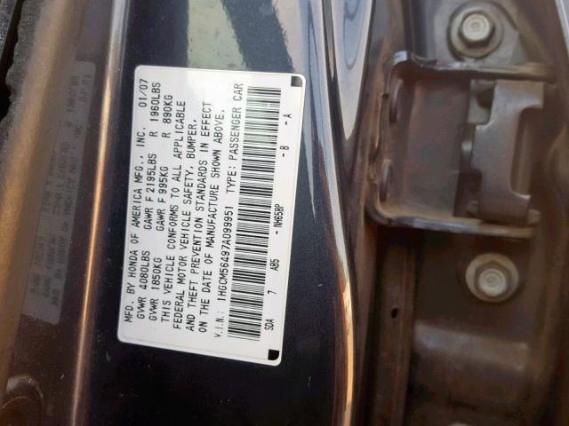 1HGCM56497A099951 - 2007 HONDA ACCORD LX GRAY photo 10