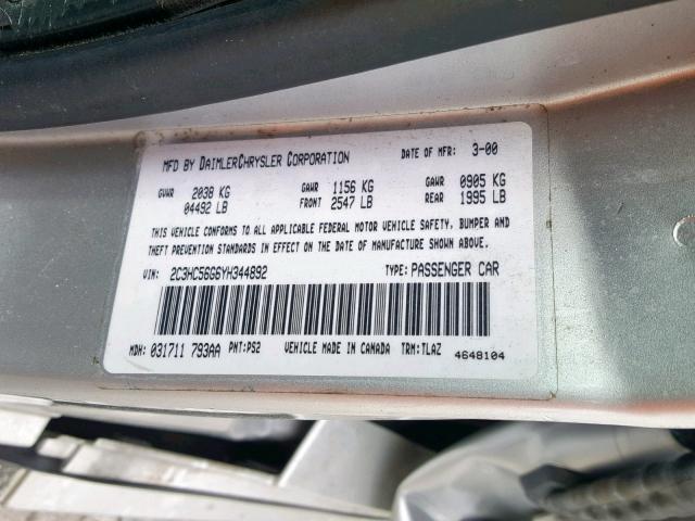 2C3HC56G6YH344892 - 2000 CHRYSLER LHS SILVER photo 10