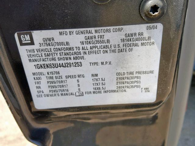 1GKEK63U44J291253 - 2004 GMC YUKON DENA CHARCOAL photo 10