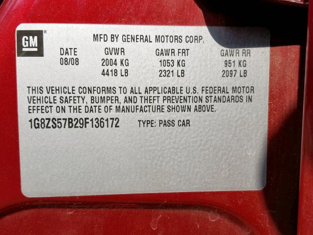 1G8ZS57B29F136172 - 2009 SATURN AURA XE RED photo 10