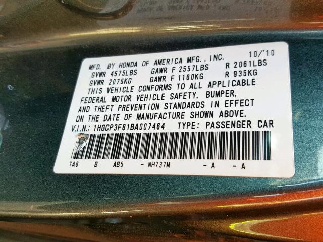 1HGCP3F81BA007464 - 2011 HONDA ACCORD EXL GRAY photo 10