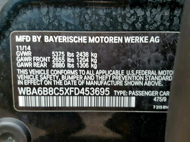 WBA6B8C5XFD453695 - 2015 BMW 640 XI BLACK photo 10