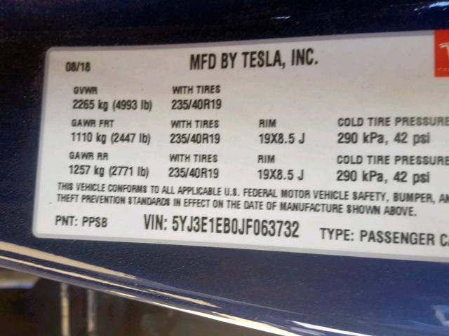 5YJ3E1EB0JF063732 - 2018 TESLA MODEL 3 BLUE photo 10