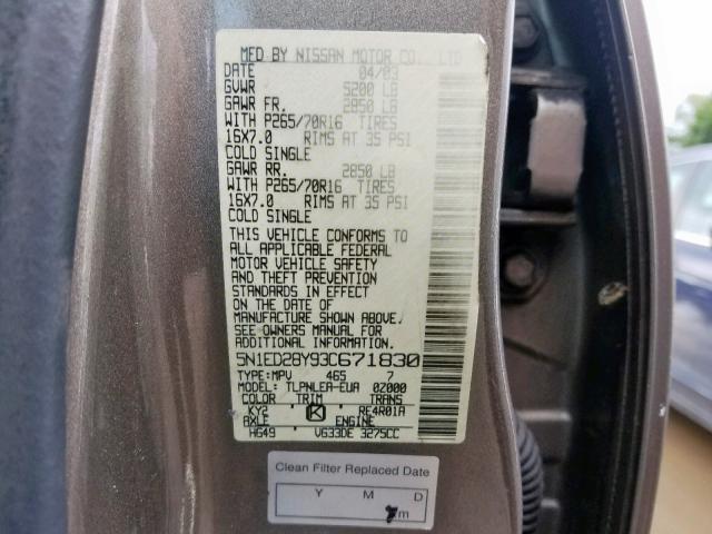 5N1ED28Y93C671830 - 2003 NISSAN XTERRA XE GRAY photo 10