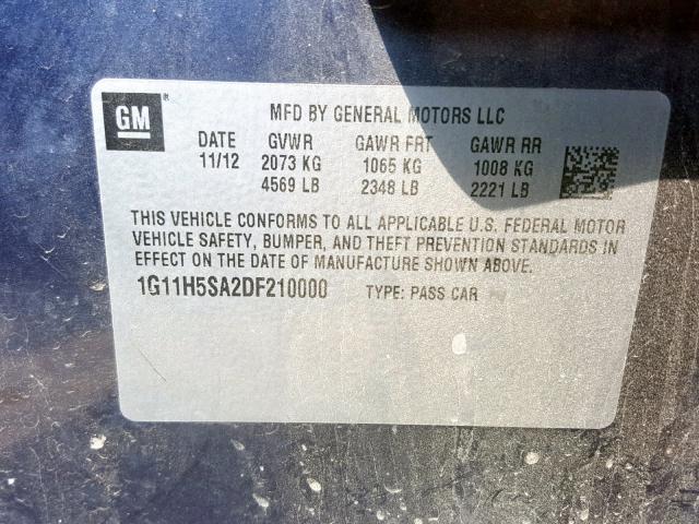 1G11H5SA2DF210000 - 2013 CHEVROLET MALIBU LTZ ლურჯი ფოტო 10