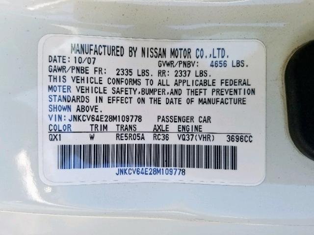 JNKCV64E28M109778 - 2008 INFINITI G37 BASE WHITE photo 10