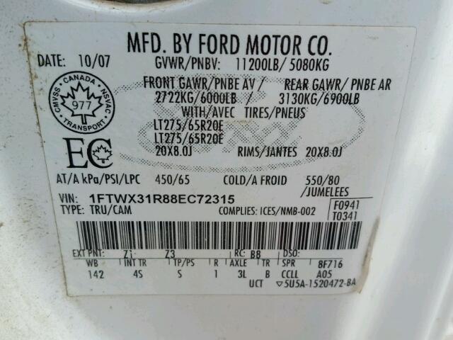 1FTWX31R88EC72315 - 2008 FORD F350 SRW S WHITE photo 10