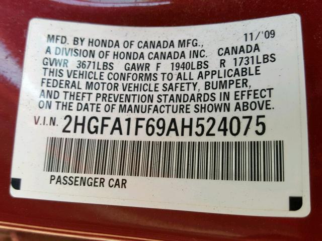 2HGFA1F69AH524075 - 2010 HONDA CIVIC LX-S Bordo foto 10