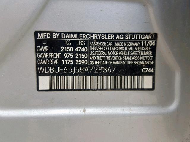 WDBUF65J55A728367 - 2005 MERCEDES-BENZ E 320 SILVER photo 10