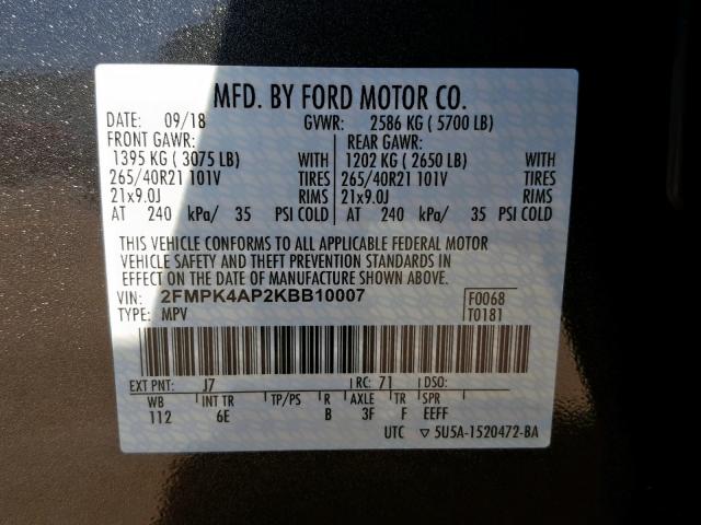 2FMPK4AP2KBB10007 - 2019 FORD EDGE ST GRAY photo 10