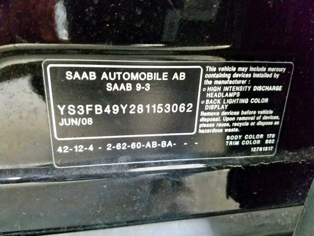 YS3FB49Y281153062 - 2008 SAAB 9-3 2.0T BLACK photo 10