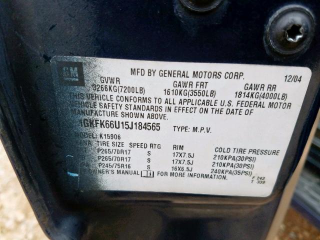 1GKFK66U15J184565 - 2005 GMC YUKON XL D BLUE photo 10