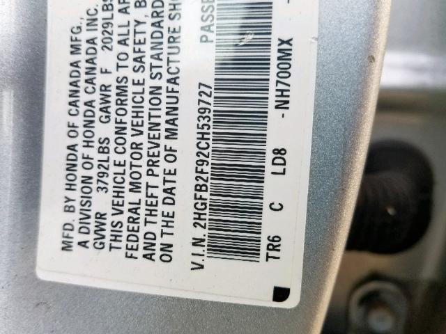 2HGFB2F92CH539727 - 2012 HONDA CIVIC EXL 灰色 照片 10