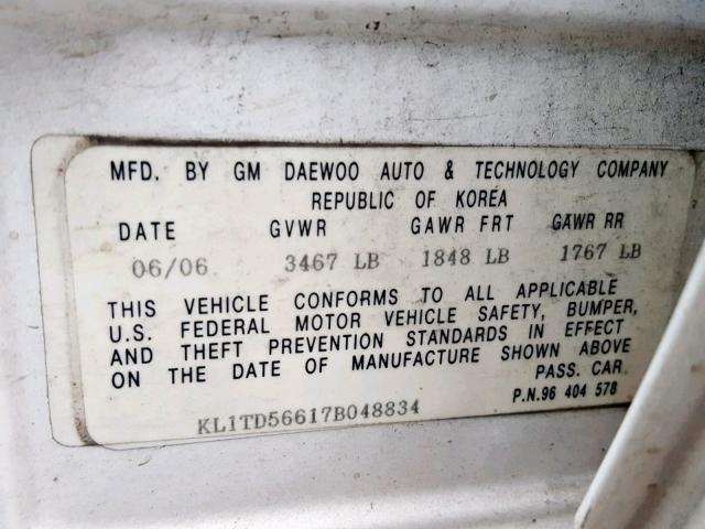 KL1TD56617B048834 - 2007 CHEVROLET AVEO BASE WHITE photo 10