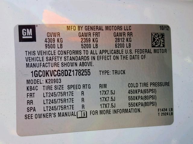 1GC0KVCG8DZ178255 - 2013 CHEVROLET SILVERADO WHITE photo 10