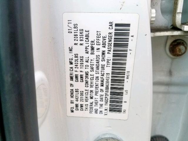 1HGCP2F88BA084519 - 2011 HONDA ACCORD EXL WHITE photo 10