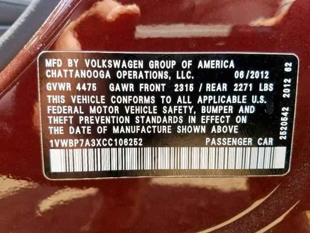 1VWBP7A3XCC106252 - 2012 VOLKSWAGEN PASSAT SE MAROON photo 10