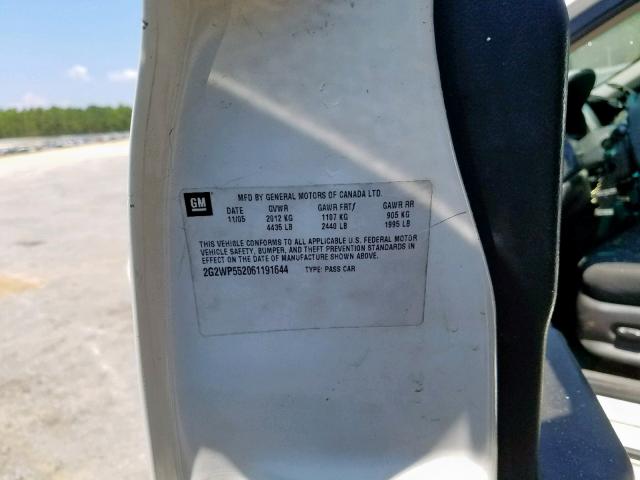 2G2WP552061191644 - 2006 PONTIAC GRAND PRIX WHITE photo 10