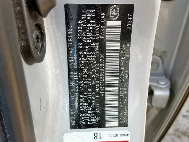 4T1BK1EB8EU093736 - 2014 TOYOTA AVALON BAS SILVER photo 10