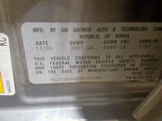KL1TD56657B105360 - 2007 CHEVROLET AVEO BASE ნაცრისფერი ფოტო 10
