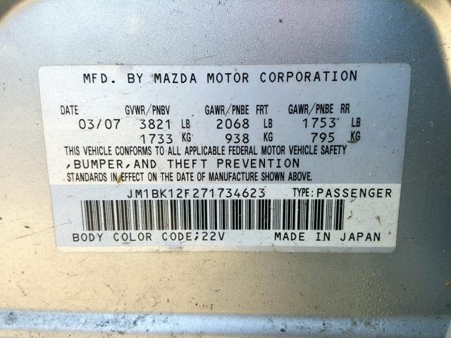 JM1BK12F271734623 - 2007 MAZDA 3 I SILVER photo 10