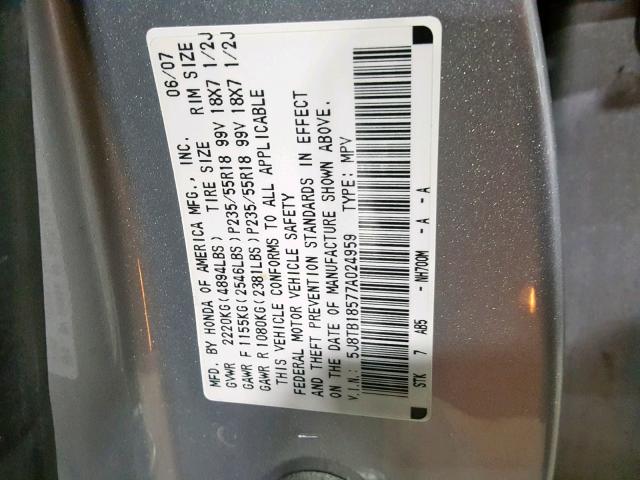 5J8TB18577A024959 - 2007 ACURA RDX TECHNO SILVER photo 10