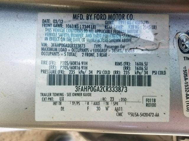 3FAHP0GA2CR333873 - 2012 FORD FUSION S SILVER photo 10